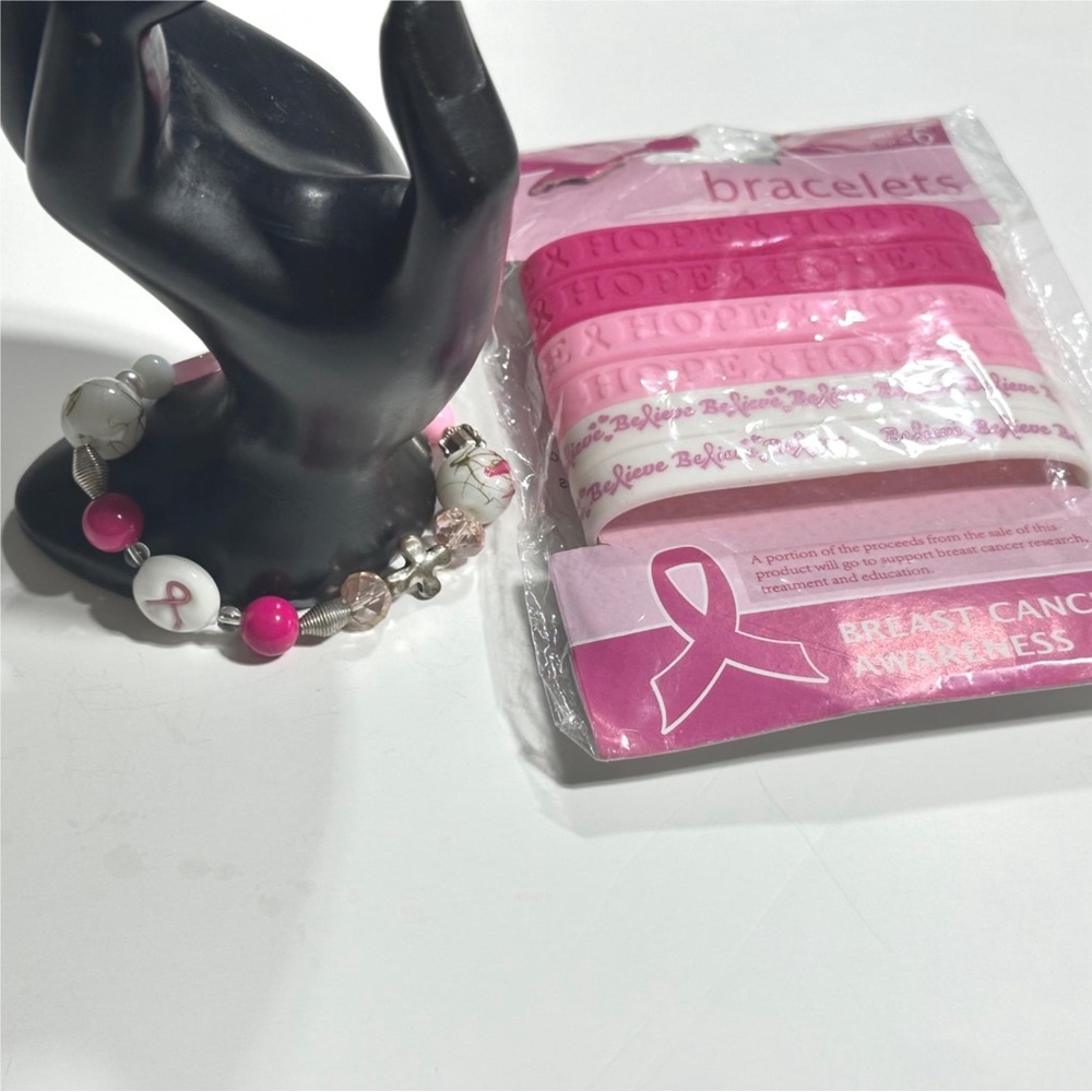 Breast Cancer Awareness Bracelets 1 Beaded Stretch & 6 Silicone Wrtistbands